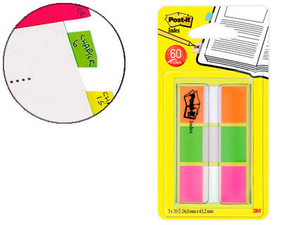 3x20 banderitas señalizadoras Post-it Index 680 24x43,2mm. naranja lima y rosa